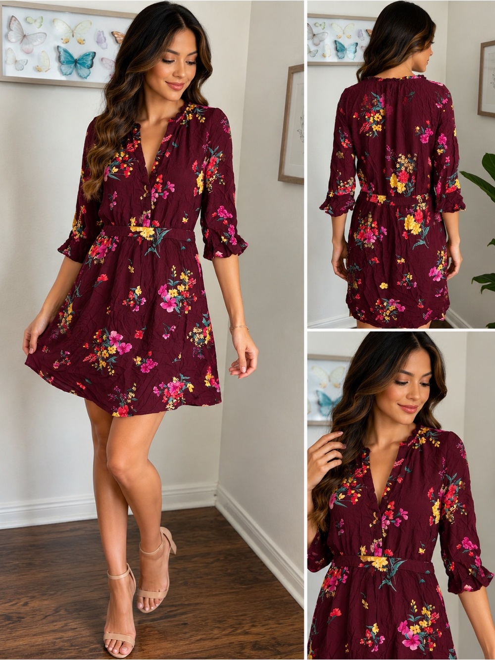 Old Navy Floral Burgundy Boho Dress Size M